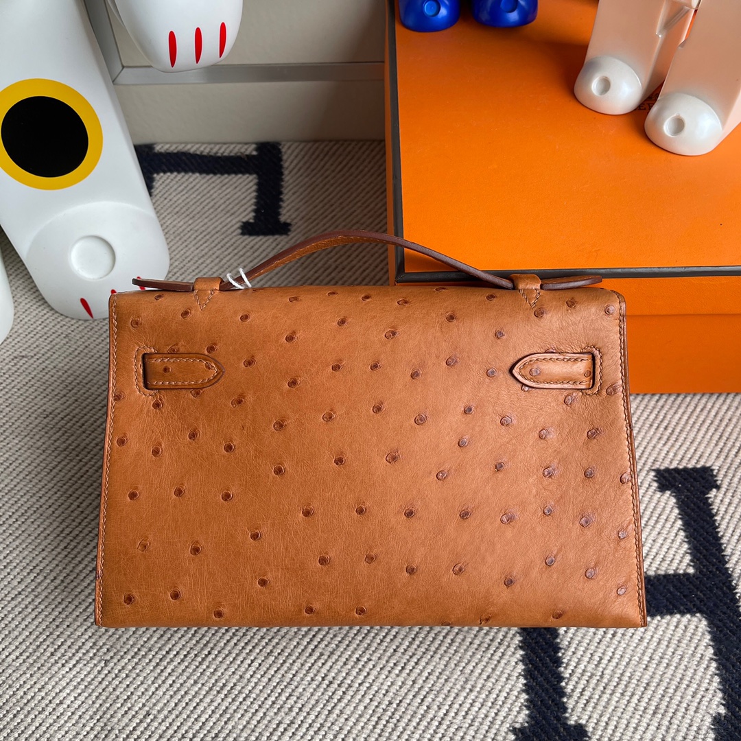 에르메스 미니 켈리백22 골드브라운 금장 타조가죽